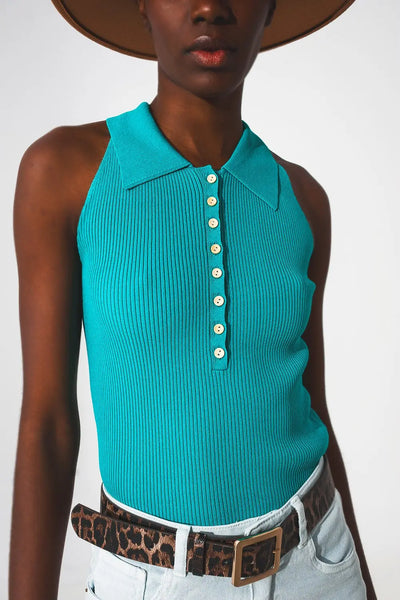 Ribbed knitted top with polo neck in turquoise - Tops