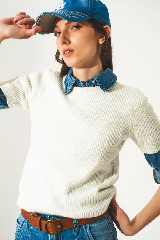 Ribbed short sleeve crop knitted top in cream - Sweaters