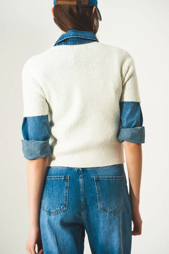 Ribbed short sleeve crop knitted top in cream - Sweaters