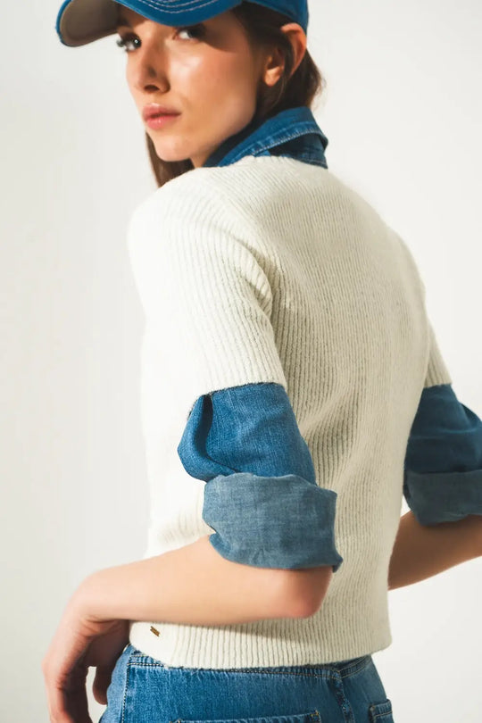 Ribbed short sleeve crop knitted top in cream - Sweaters