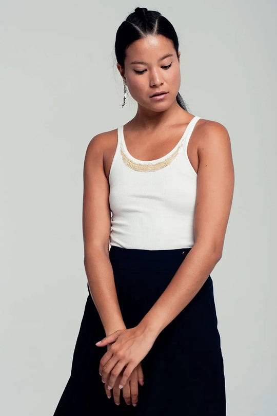 Ribbed tank top in white with beaded detailing - Shirts