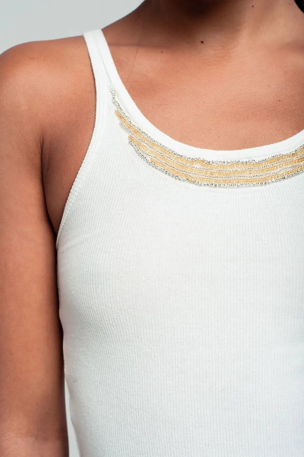 Ribbed tank top in white with beaded detailing - Shirts