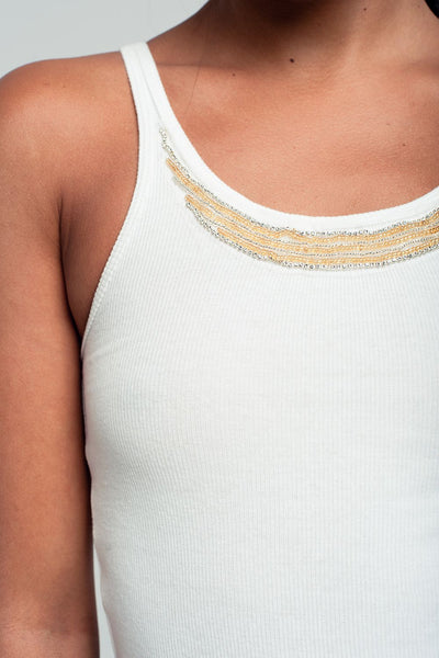 Ribbed tank top in white with beaded detailing