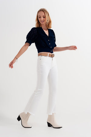 Q2 Rigid cropped flare jeans in cream with raw hem