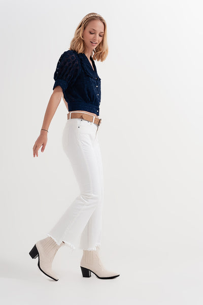 Rigid cropped flare jeans in cream with raw hem