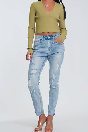 Q2 Ripped boyfriend jeans in light denim