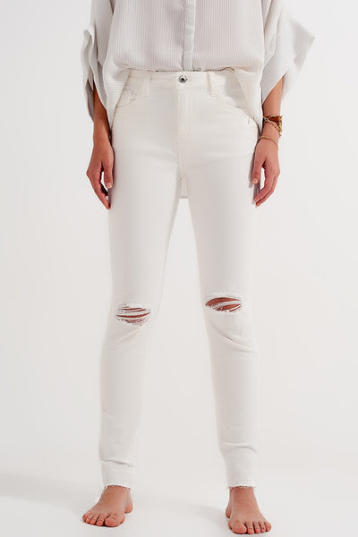 Ripped fray hem jeans in cream