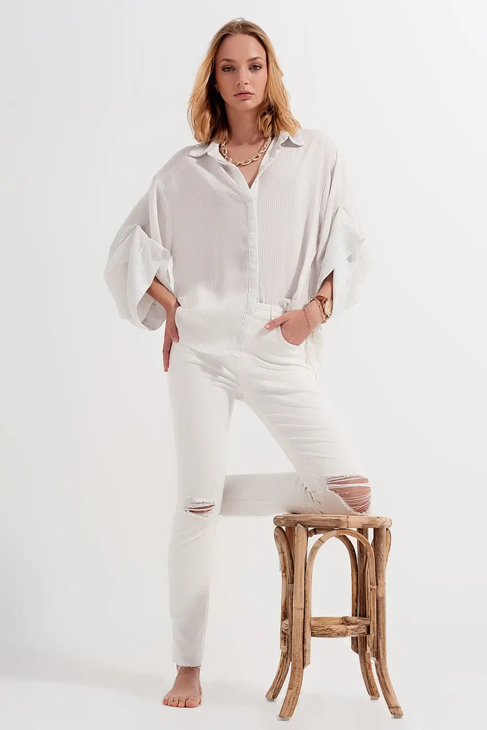 Ripped fray hem jeans in cream - Jeans
