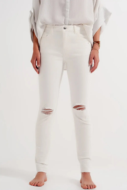 Ripped fray hem jeans in cream - Jeans