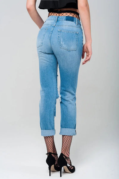 Ripped mom jeans with fishnet tights - Jeans