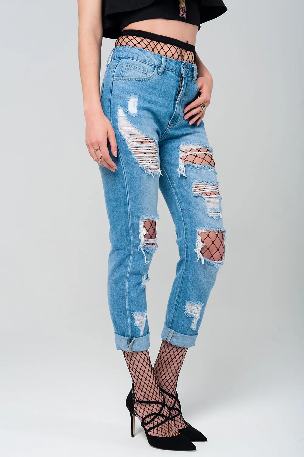 Ripped mom jeans with fishnet tights - Jeans