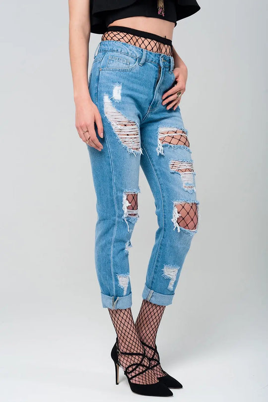 Ripped mom jeans with fishnet tights - Jeans
