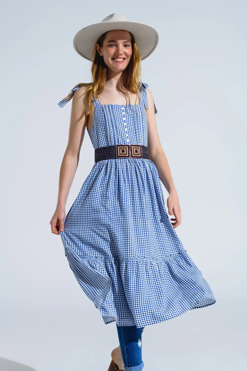 Robe à bretelles réglables en vichy bleu et blanc - Vestidos