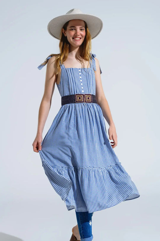 Robe à bretelles réglables en vichy bleu et blanc - Vestidos