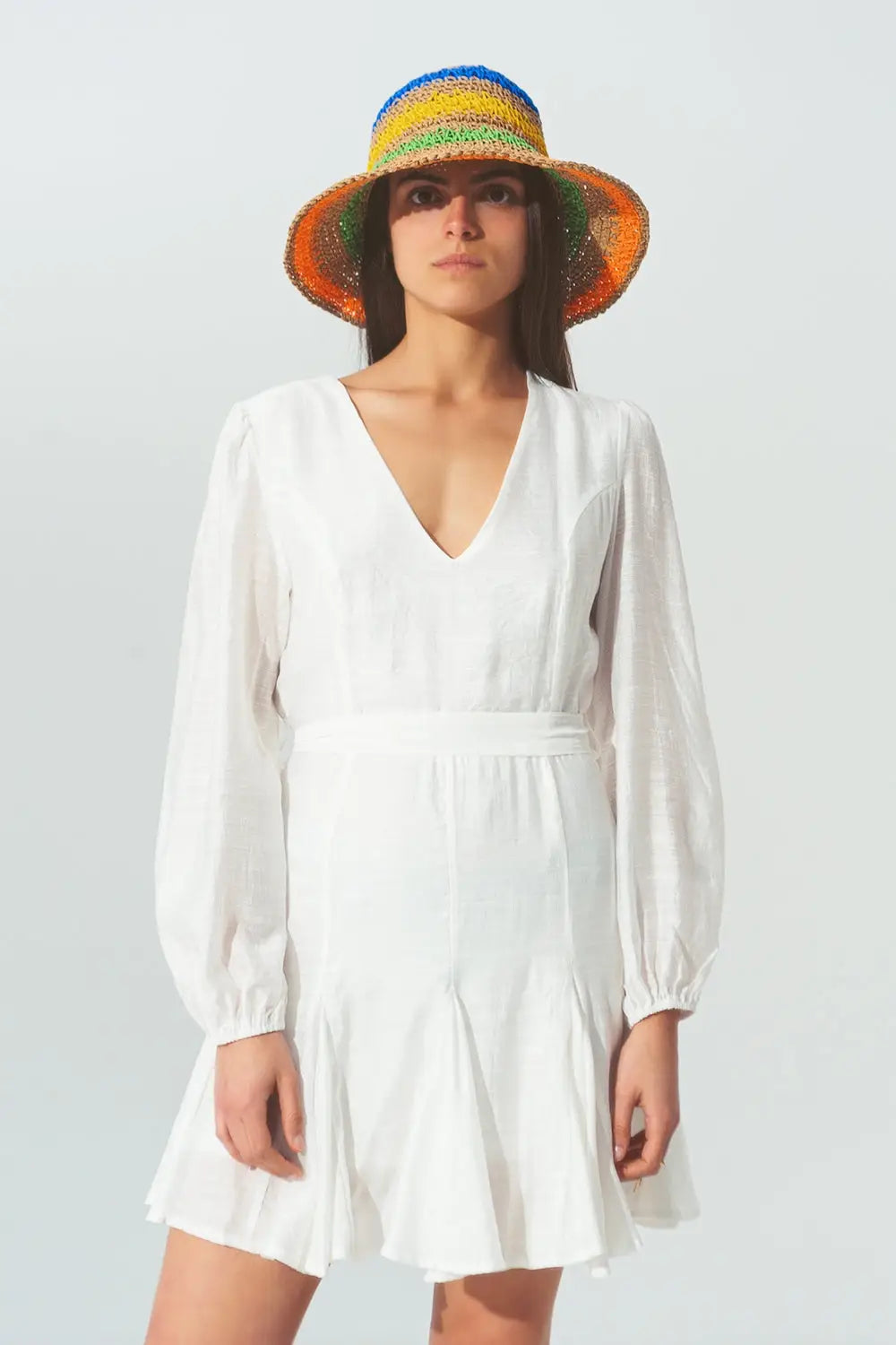 Robe à Col V à Volants Blanc - Vestidos