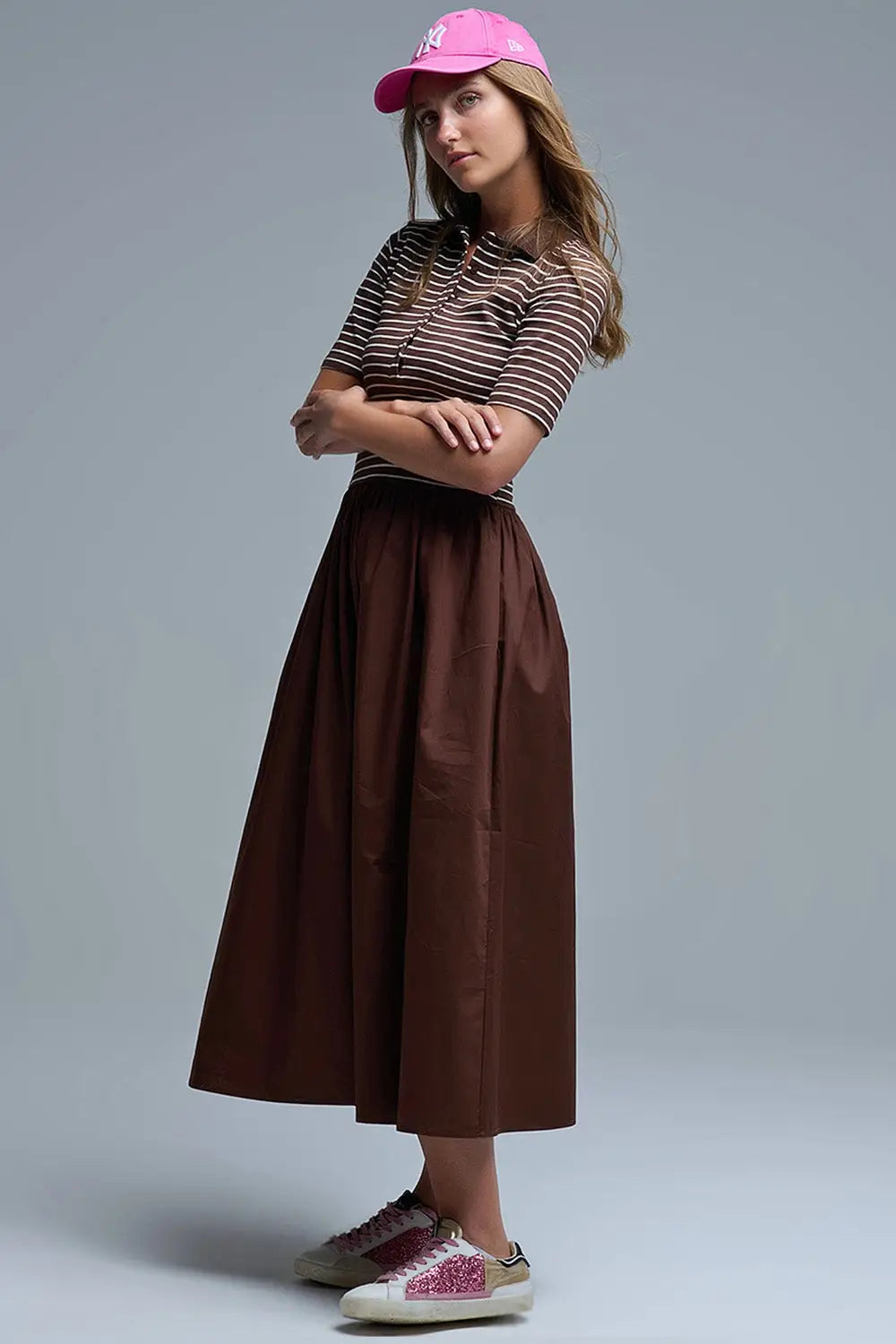 Robe avec top rayé Polo et jupe midi en popeline en brun - Vestidos