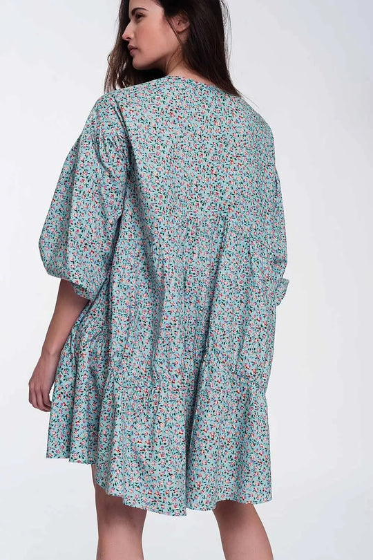 Robe babydoll courte à manches bouffantes et ourlet à basque - Motif fleuri - Vestidos