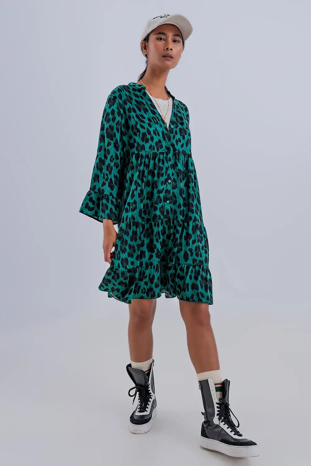 Robe babydoll courte à volants superposés Imprimé animal vert - Vestidos