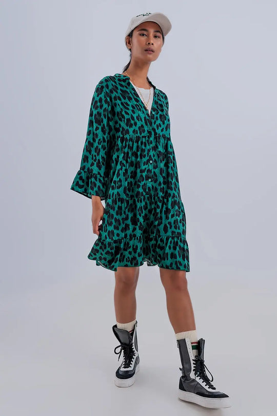 Robe babydoll courte à volants superposés Imprimé animal vert - Vestidos