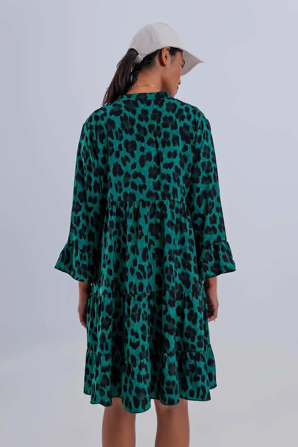 Robe babydoll courte à volants superposés Imprimé animal vert - Vestidos