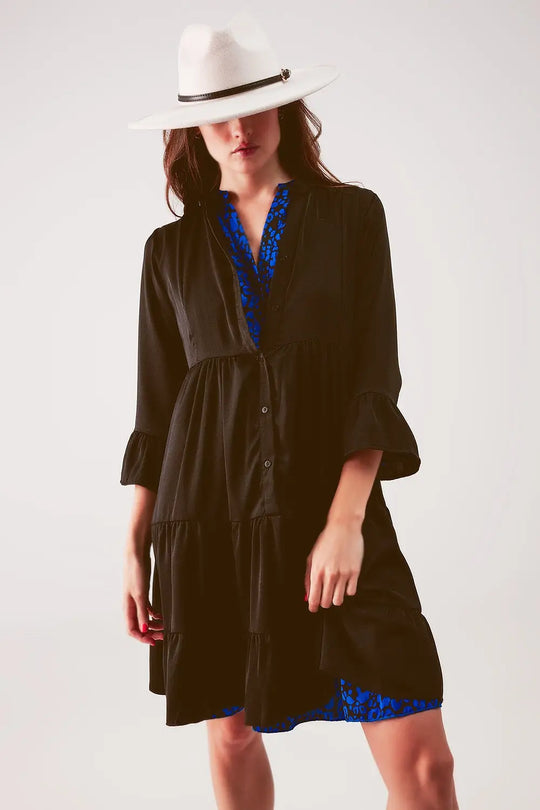Robe babydoll courte à volants superposés noire - Vestidos
