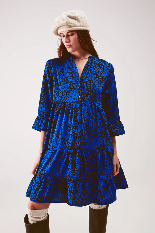 Robe babydoll courte bleu à volants étagés et imprimé animal - Vestidos