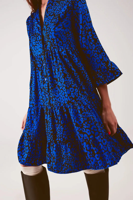 Robe babydoll courte bleu à volants étagés et imprimé animal - Vestidos