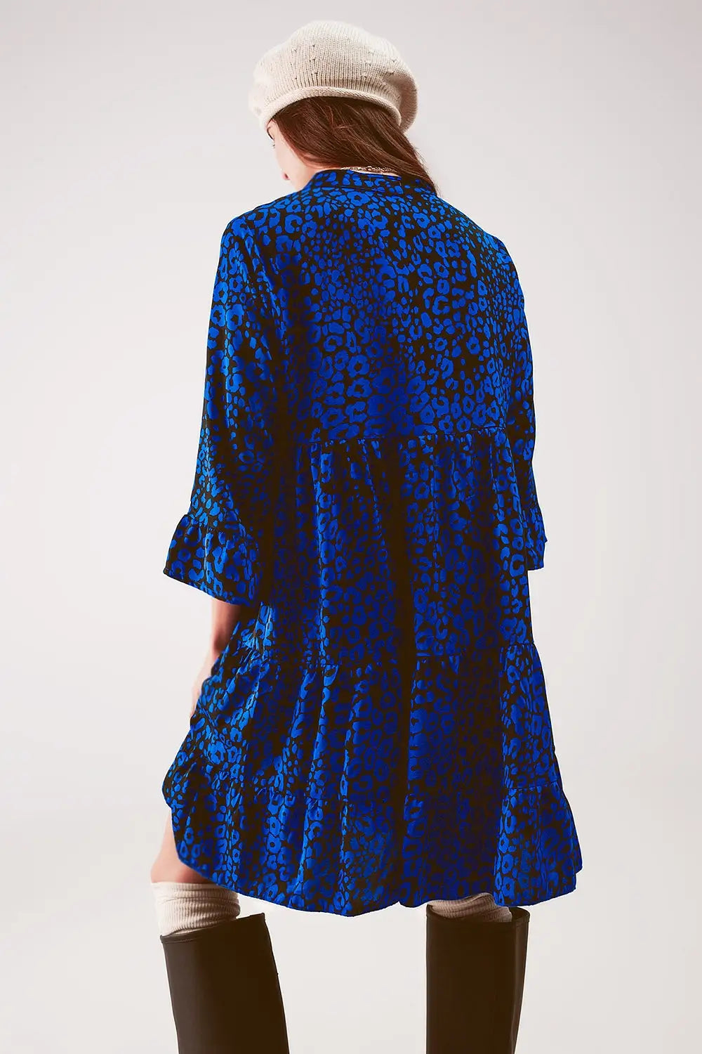 Robe babydoll courte bleu à volants étagés et imprimé animal - Vestidos