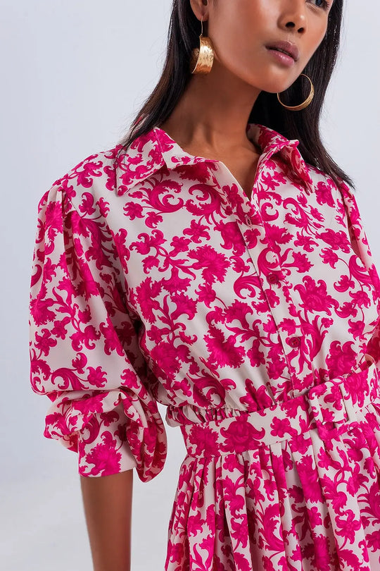 Robe babydoll courte vintage fleurie fuchsia - Vestidos