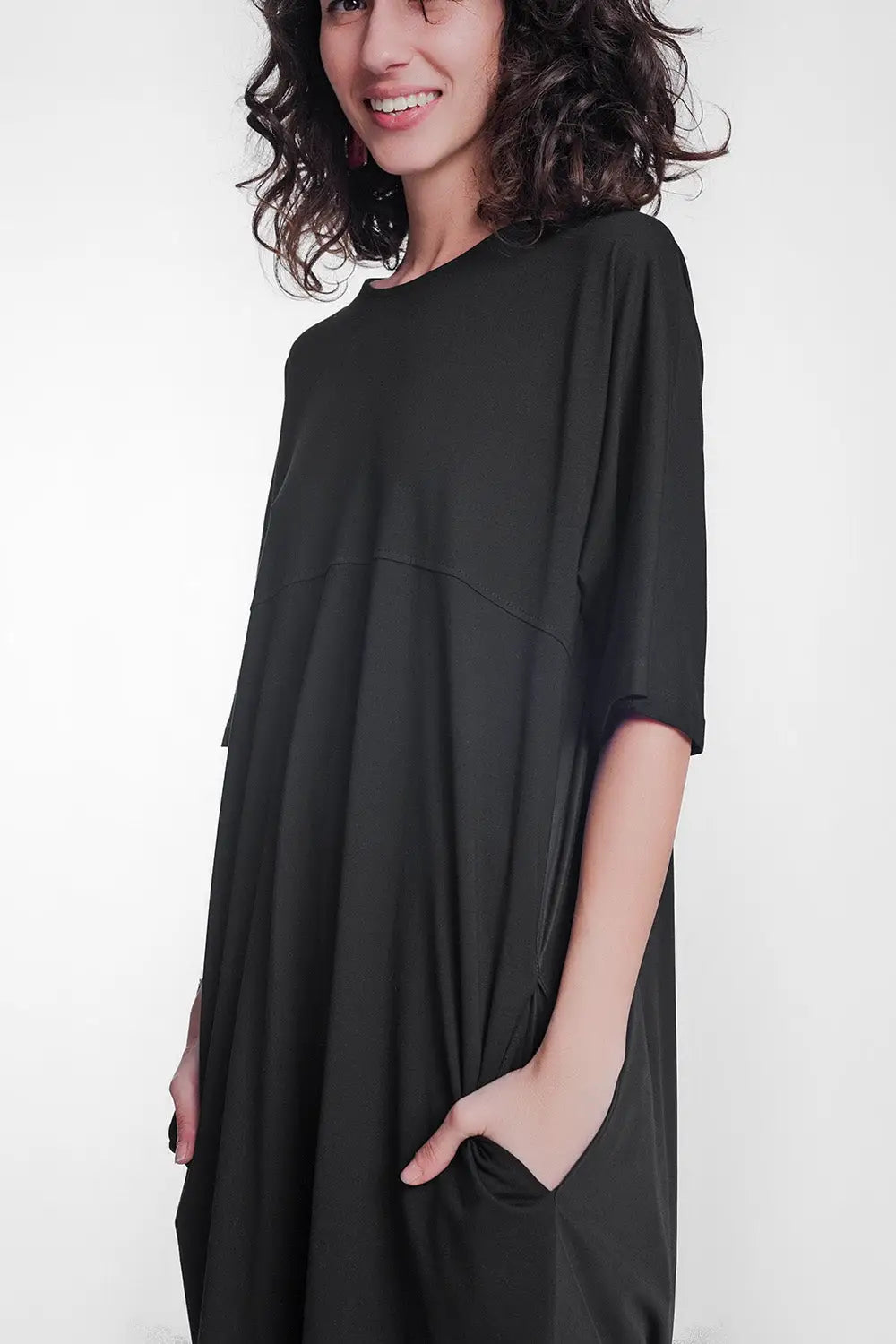 Robe babydoll mi-longue en popeline noir - Vestidos