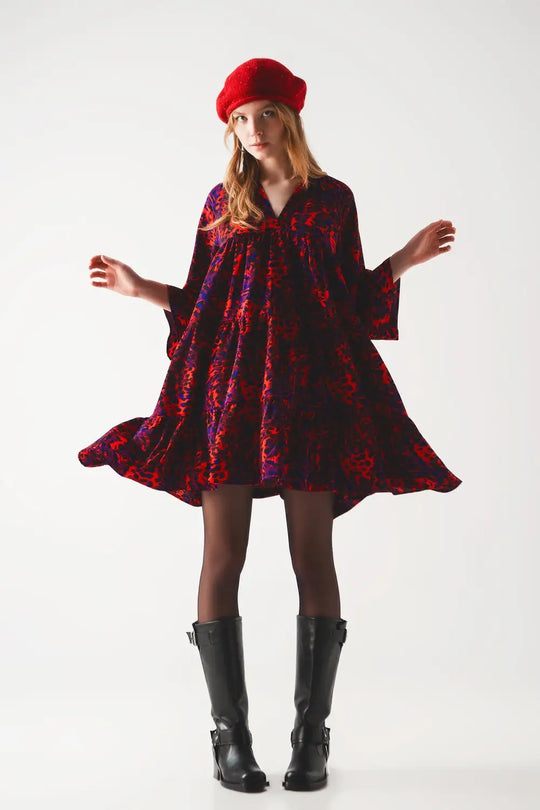 Robe babydoll rouge courte à volants étagés et imprimé animal - Vestidos