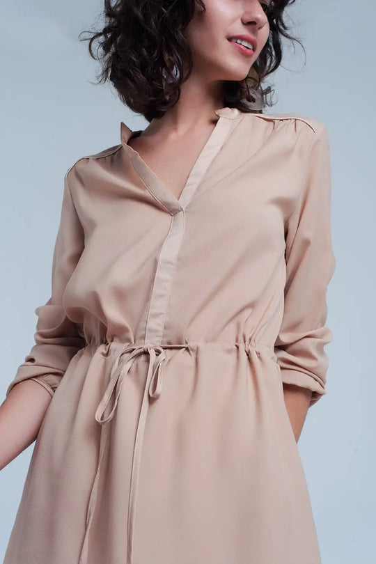 Robe Beige chemise courte à nouer à la taille - Vestidos