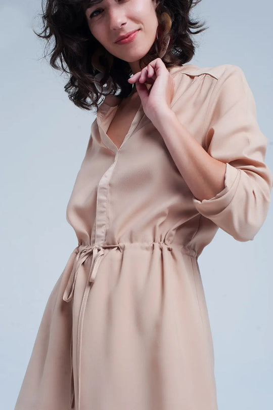 Robe Beige chemise courte à nouer à la taille - Vestidos