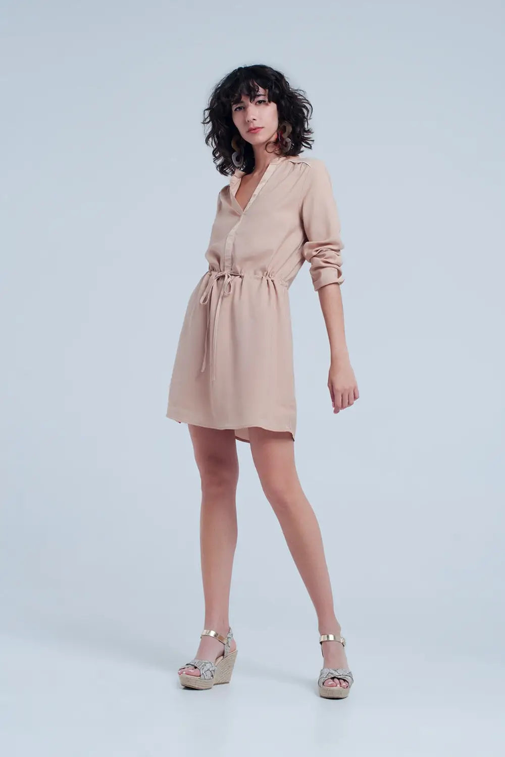 Robe Beige chemise courte à nouer à la taille - Vestidos