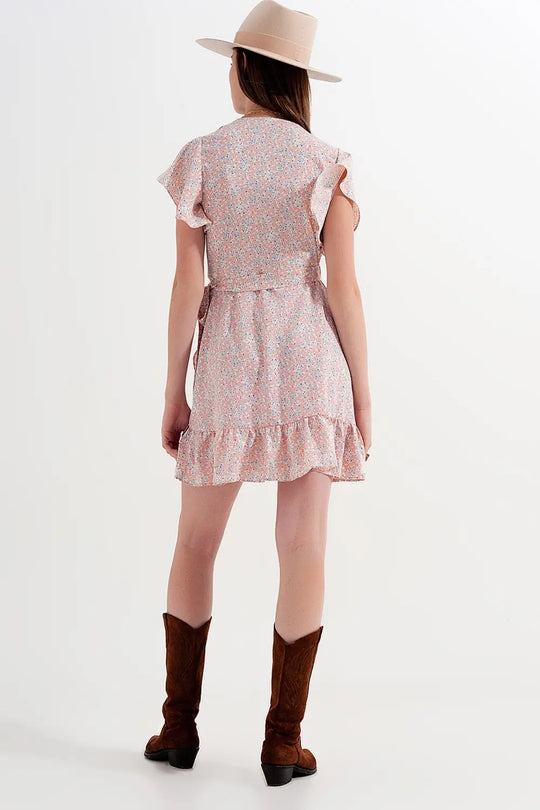 Robe cache-cœur courte à volants Rose fleuri - Vestidos