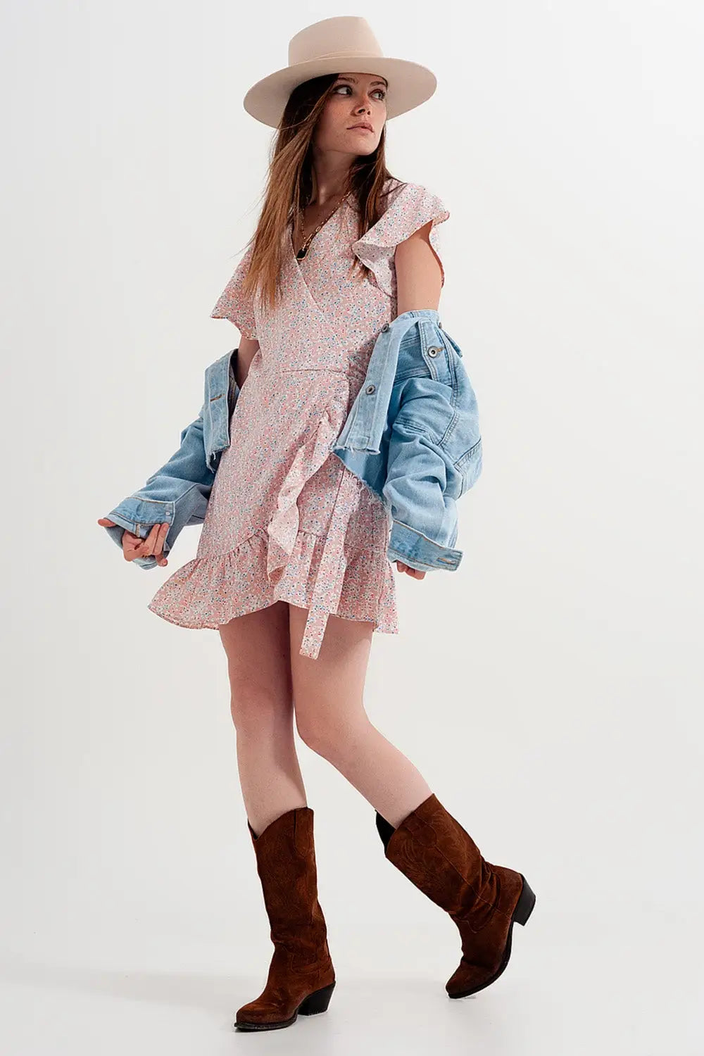 Robe cache-cœur courte à volants Rose fleuri - Vestidos