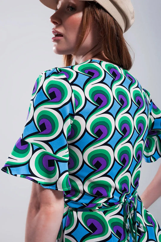 Robe cache cœur courte avec ourlet à volants et imprimé style années 70 bleu - Vestidos