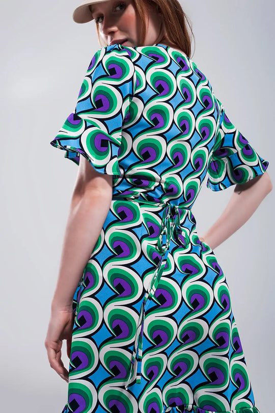 Robe cache cœur courte avec ourlet à volants et imprimé style années 70 bleu - Vestidos