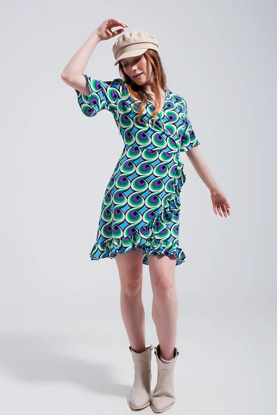 Robe cache cœur courte avec ourlet à volants et imprimé style années 70 bleu - Vestidos