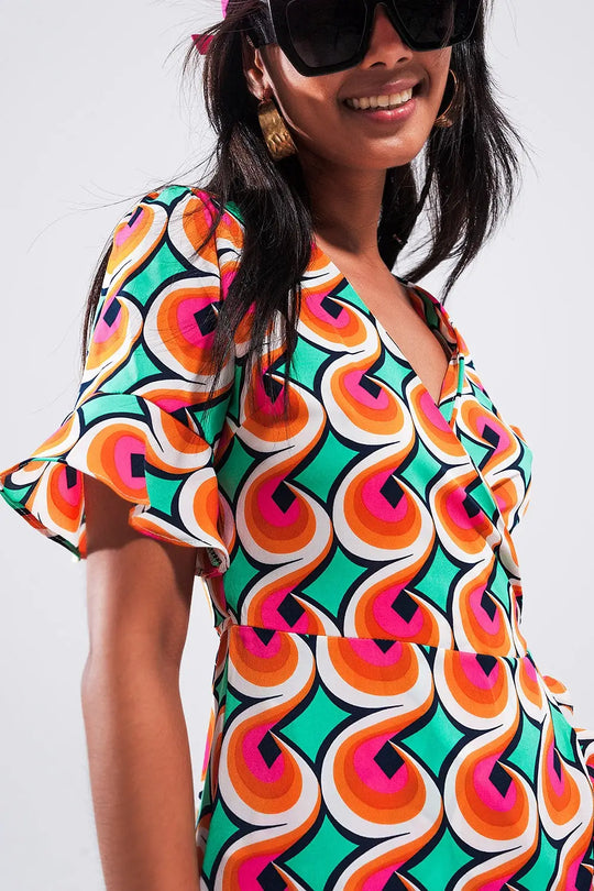 Robe cache cœur courte avec ourlet à volants et imprimé style années 70 orange - Vestidos