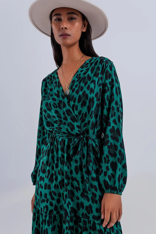 Robe cache cœur longue avec manches longues et volants étagés verte - Vestidos