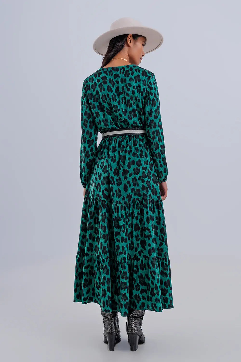 Robe cache cœur longue avec manches longues et volants étagés verte - Vestidos
