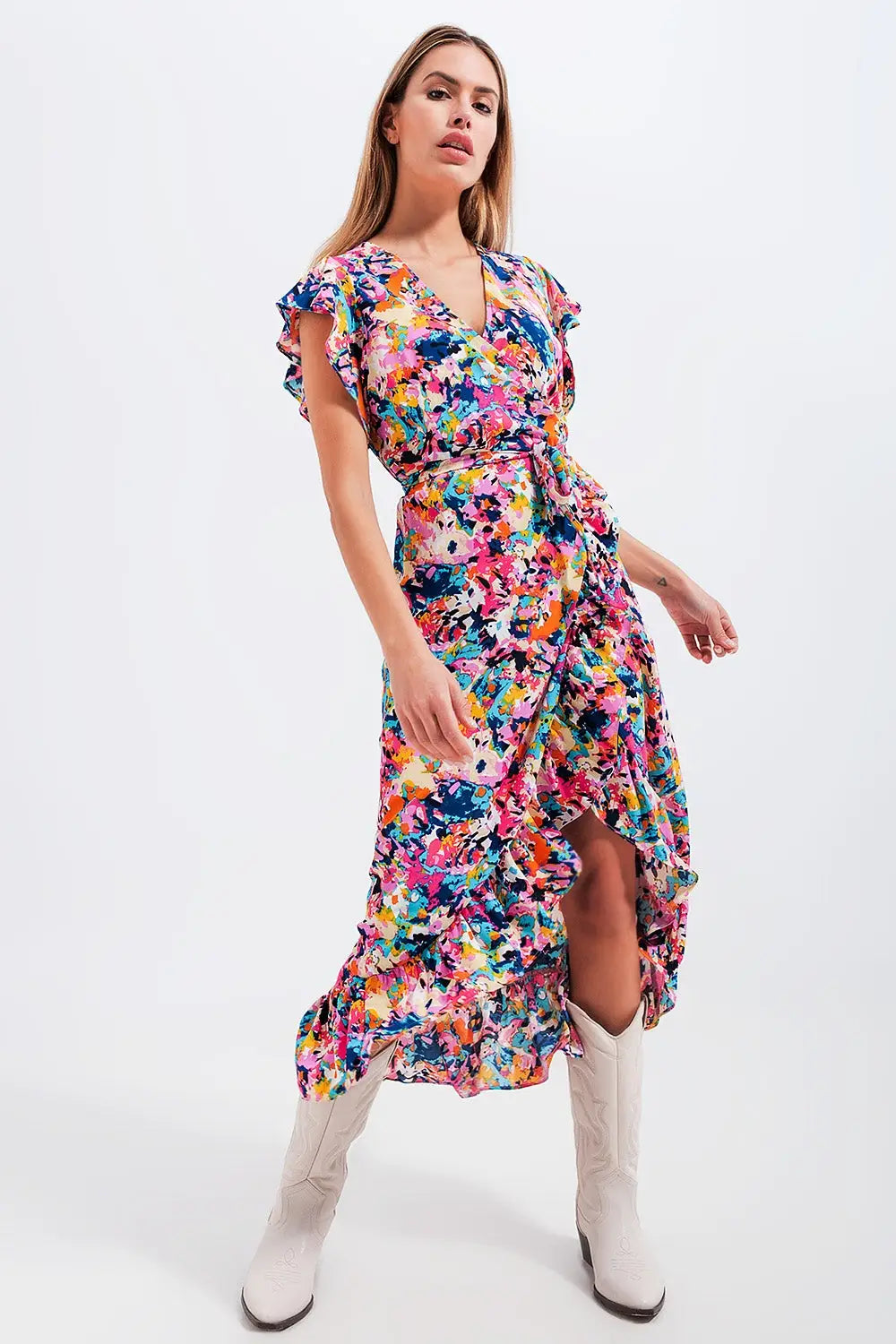 Robe caraco longue volantée à imprimé bleu - Vestidos