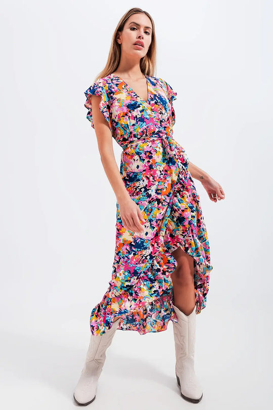 Robe caraco longue volantée à imprimé bleu - Vestidos