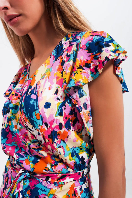 Robe caraco longue volantée à imprimé bleu - Vestidos