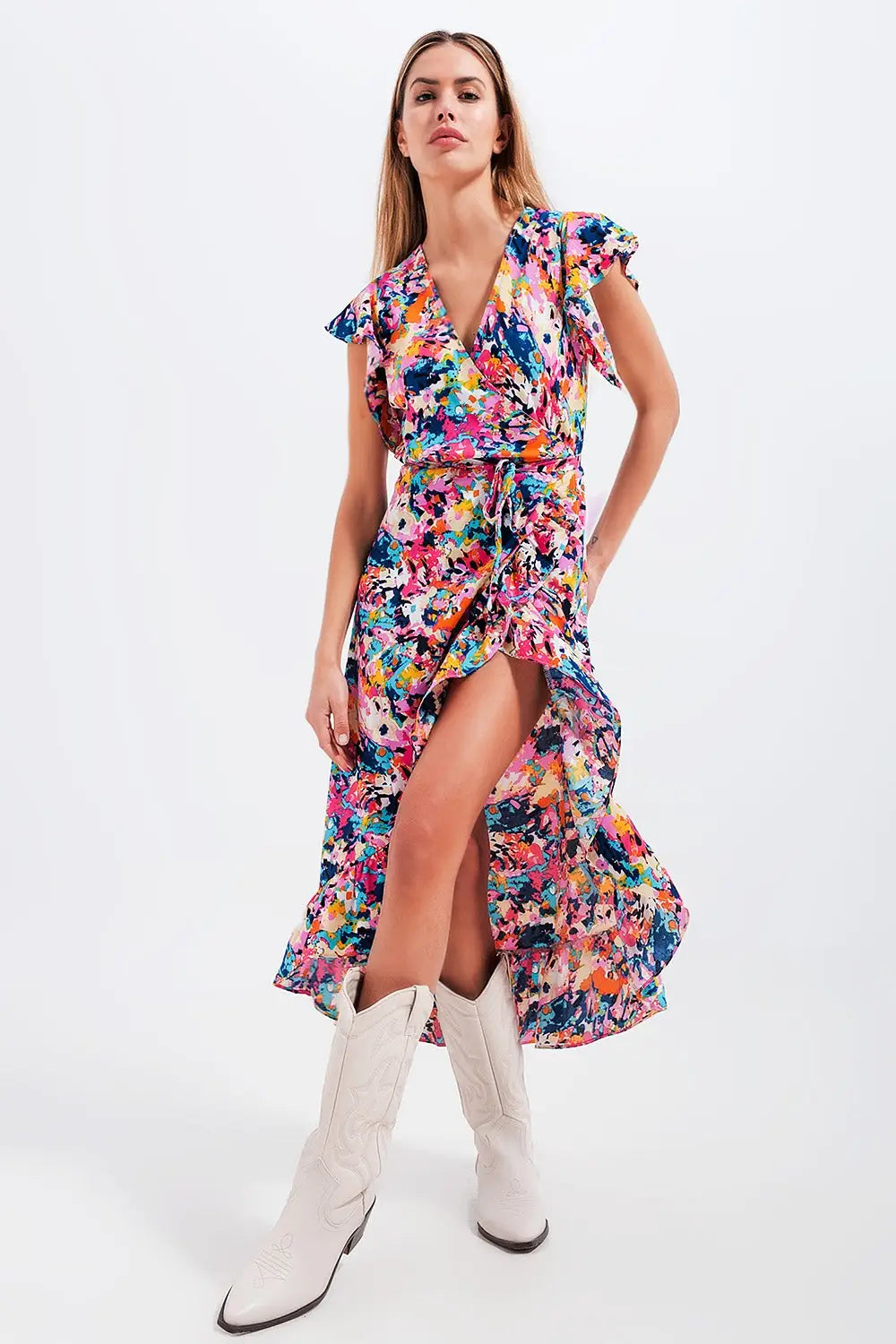 Q2 Robe caraco longue volantée à imprimé bleu