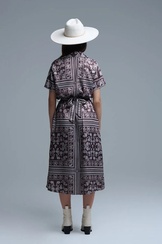 Robe chemise à manches courtes imprimée Paisley marron - Vestidos