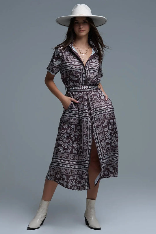 Robe chemise à manches courtes imprimée Paisley marron - Vestidos