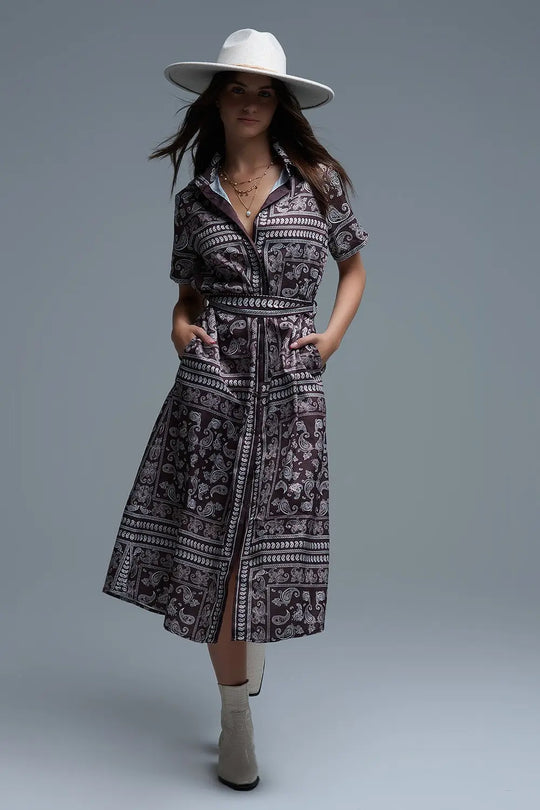 Robe chemise à manches courtes imprimée Paisley marron - Vestidos