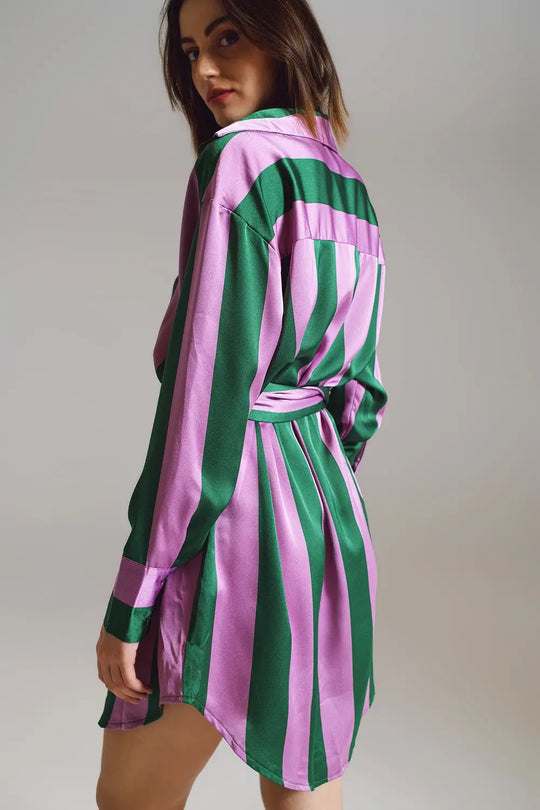 Robe chemise courte à rayures lilas et vertes - Vestidos